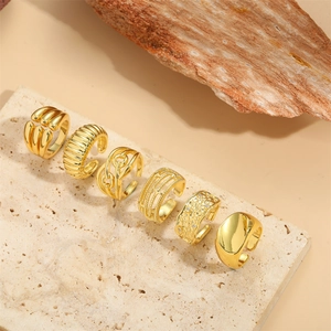 Set of six vintage style 14K gold plated adjustable open rings with zircon details