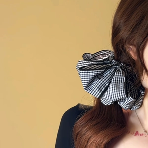 French vintage gingham bow hair scrunchie with lace edge shown on model