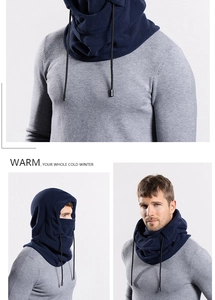 Detail of navy fleece balaclava with adjustable drawstrings and windproof neck warmer