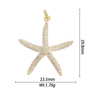 Detailed size view of gold starfish pendant with cubic zirconia, 29.8mm height and 1.7g weight