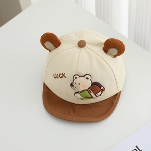 Detail of baby baseball cap featuring cartoon bear patch, 3D ears, and LUCK embroidery