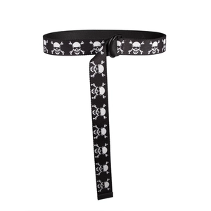 Gothic punk black canvas belt with white skull prints and double D-ring metal buckle