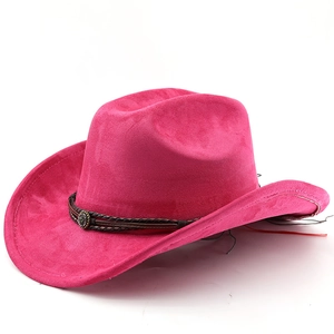 Detail of rose red suede western cowboy hat with brown braided leather band and metal buckle