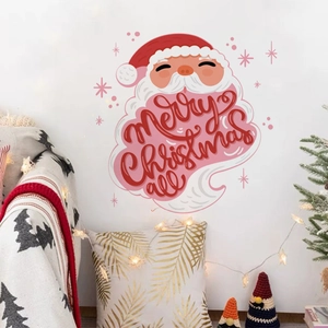 Detail view of Merry Christmas wall sticker with Santa hat decor in cozy room setting