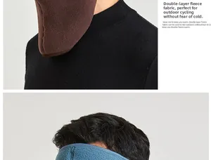 Detail view of double-layer polar fleece winter masks in coffee and deep blue colors