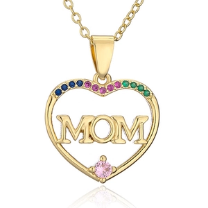Detailed view of a gold heart pendant with colorful crystals and MOM engraving