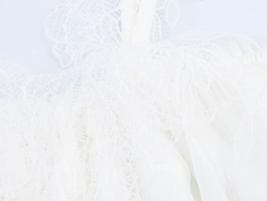 Close-up detail of white lace and mesh fabric with delicate floral embroidery texture