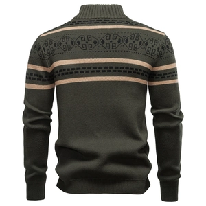 Detailed back view of a green knit cardigan featuring beige and black geometric jacquard patterns