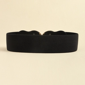 Women's black elastic waist belt with double heart golden buckle for summer dresses