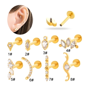 Titanium Alloy Labret Piercing Stud Internally Threaded Zircon Flat Back Ear Cartilage Earring For Women Elegant Sparkling