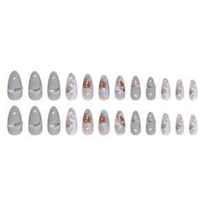 24pcs light blue almond fake nails with marble texture, amber finish, and gold foil