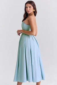 Detail of light blue strapless midi dress featuring pleats and high-quality satin fabric