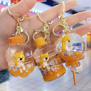 Acrylic shiba inu soda bottle liquid glitter keychains with gold lobster clasps