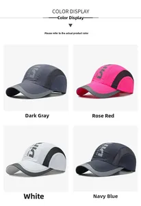 Detail of breathable quick-dry sports caps in four colors with mesh side panels