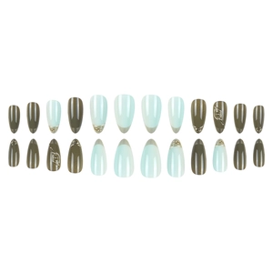24pcs almond press-on nails with mint green design and 3D gold embossed details