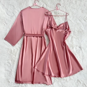 Elegant 2-piece faux silk pajama set with lace-up robe and V-neck slip dress in lotus pink