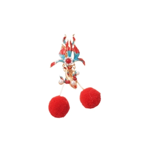 Chinese style New Year hair clip with red pompoms, enamel koi design and faux pearls