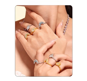 Detail of gold and silver sun and moon rings with zircon on model's hands