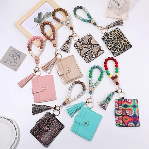 Keychain Card Holder Wristlet PU Leather Silicone Wooden Bead Bracelet Tassel For Women Fashion Elegant Anti-lost