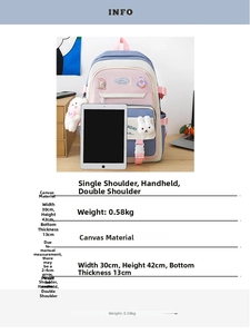 Detailed view showing blue and pink student backpack specs with plush rabbit charm