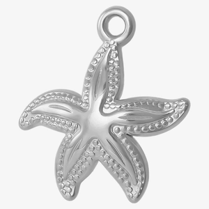 Macro shot of silver 304 stainless steel starfish pendant with textured edges and ring