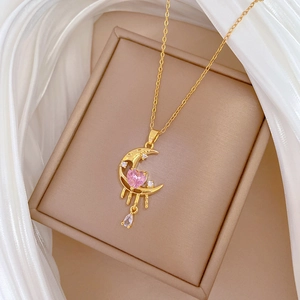 Titanium steel moon necklace with pink heart gemstone and sparkling crystal tassels