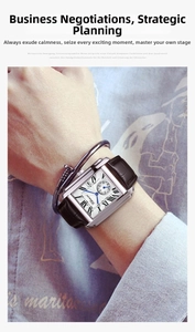 Detail of Chenxi square silver watch with blue hands and brown leather strap on wrist