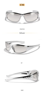 Three views of silver Y2K sports sunglasses with mercury lenses and vented temples