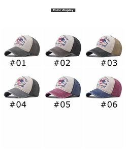 Detailed grid of vintage washed denim baseball caps showing six different color variants