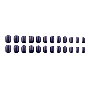 Glossy navy blue short square round press-on nails set with 24 pieces on white background