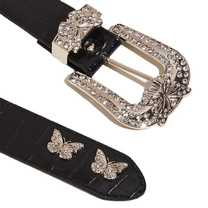 Vintage black crocodile print leather belt with shiny rhinestone butterfly buckle