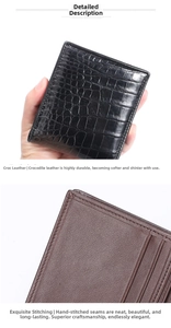 Macro shot of crocodile leather wallet featuring precise stitching and brown leather interior