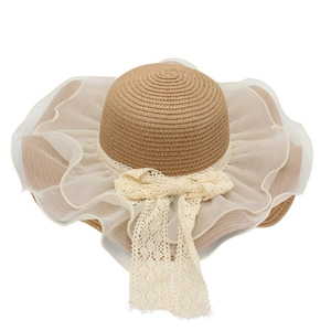 Women's light brown woven straw sun hat with white lace bow and mesh detail