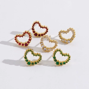 Luxurious 14K gold heart stud earrings with inlaid zircon in red, green, and white