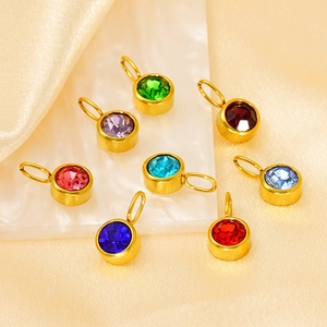 Round Birthstone Pendants 18K Gold Plated Stainless Steel Colored Zirconia DIY Jewelry Making Charms Fashion Women