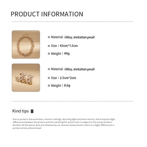 Detail card showing vintage flower pearl necklace and earrings set dimensions and alloy specs