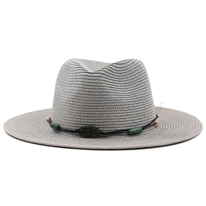 Classic wide brim fedora straw sun hat with beaded cord and vintage leaf pendant
