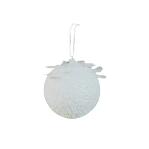 White frosted Christmas ball ornament with snowflake texture and silver hanging string