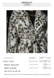 Detail of leopard faux fur coat texture and S-3XL size specification chart info