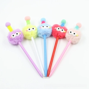 Set of five creative plush monster pens with colorful fuzzy balls and googly eyes