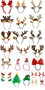 Detail showing a variety of plush Christmas reindeer antler headbands for women
