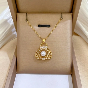 Handbag Pendant Necklace Stainless Steel Chain Copper Micro Pave Zirconia Artificial Pearl Elegant Jewelry Women