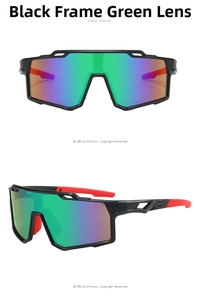 Vertical view showing front and side profile of sports sunglasses with green gradient lenses
