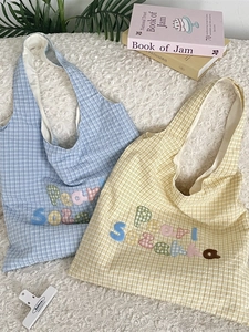 Women Korean Checkered Tote Bag Gingham Fabric Shoulder Bag With Colorful Letter Embroidery Large Capacity Casual Cute