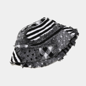Retro geometric patchwork bucket hat with fringe edges and thick plush material
