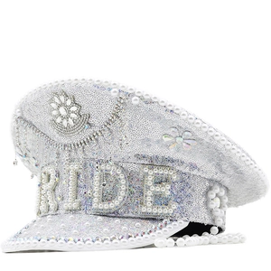 Bride Captain Hat White Sequin Military Hat With Faux Artificial Pearls Rhinestone Letters And Tassels For Bachelorette Party Wedding