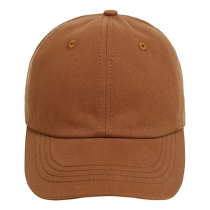 Close-up of caramel cotton twill baseball cap showing stitch detail and six-panel structure