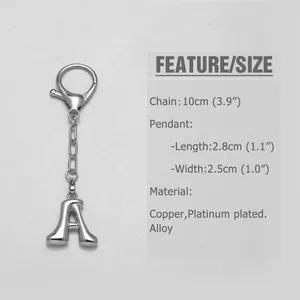 Detailed size chart for 18k gold bubble letter keychain with pendant dimensions