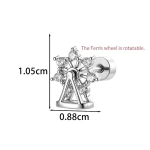 Rotatable ferris wheel stud earring in silver with zircon, size 1.05cm by 0.88cm