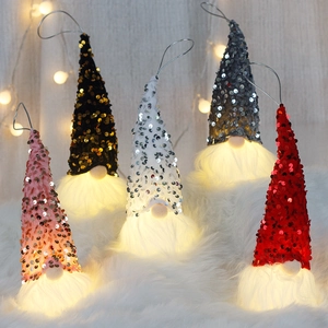Christmas Gnome Ornaments LED Lighted Sequin Fabric Faux Fur Nordic Rudolf Swedish Tomte Hanging For Tree Home Party